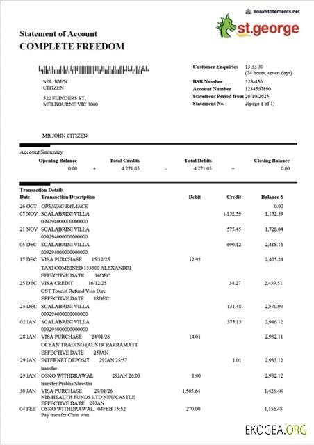 Australie St.George Bank relevé de compte Modèle Word et PDF template